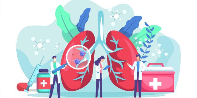 An illustration of doctors and scientists examining lung health.