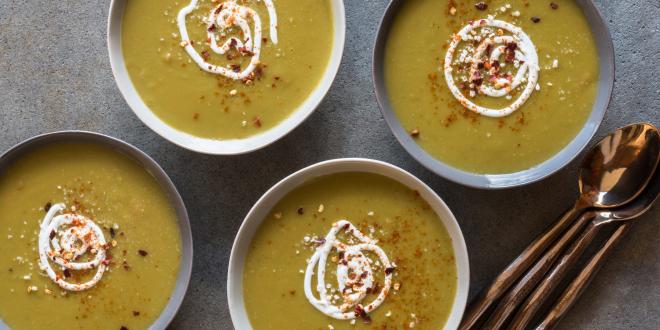 Four bowls of garnished Split Pea Soup.