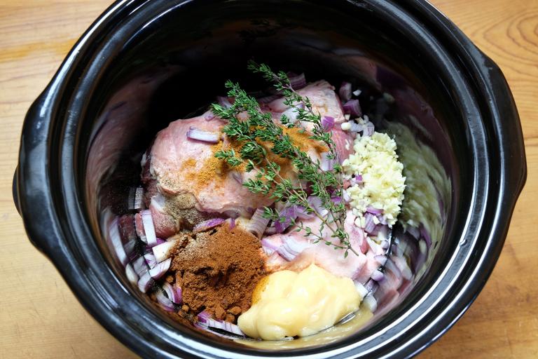 Ingredients for pulled pork slow cooker or crockpot meal ready for cooking.